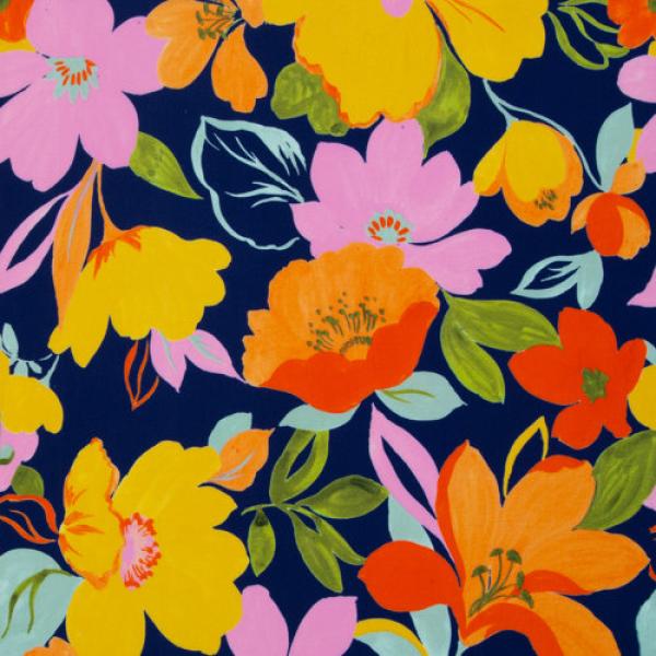 Viskose Malis Blumen Apricot/Gelb/Dunkelblau